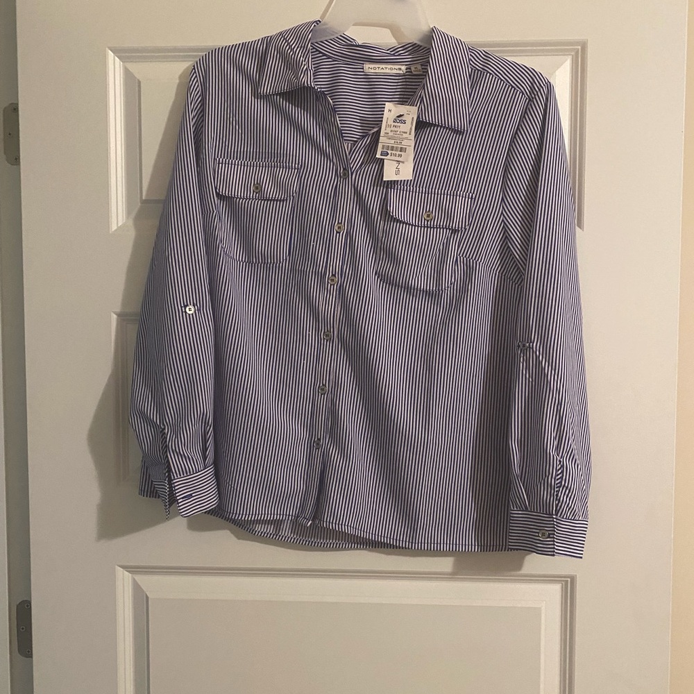 Notations Navy striped blouse with buttoned sleeves